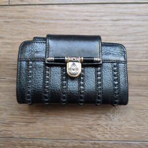 Vtg Brighton Black Leather Bi-fold Wallet Silver Engraved Clasp Coin Purse Heart